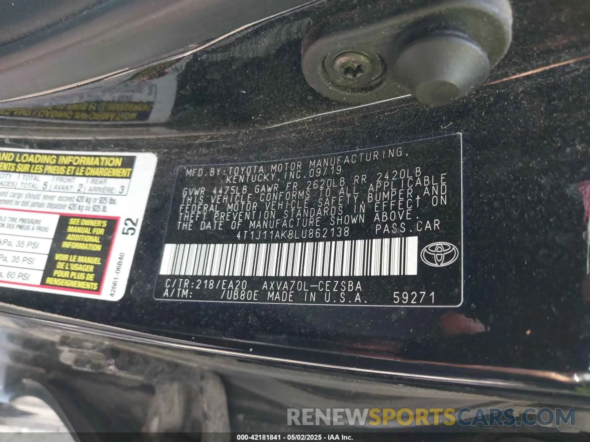 9 fotografías del automóvil dañado 4T1J11AK8LU862138 TOYOTA CAMRY 2020