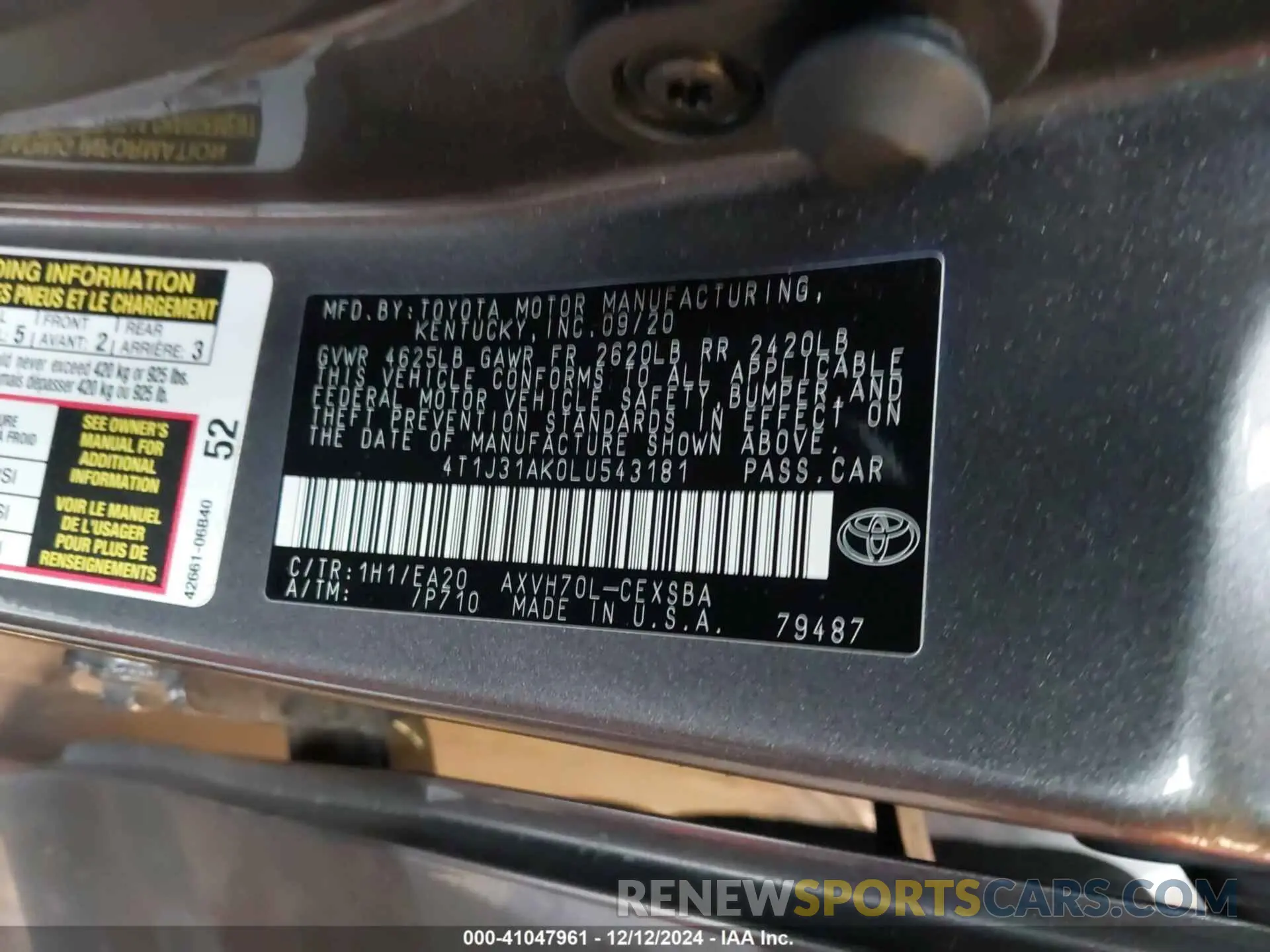 9 fotografías del automóvil dañado 4T1J31AK0LU543181 TOYOTA CAMRY 2020