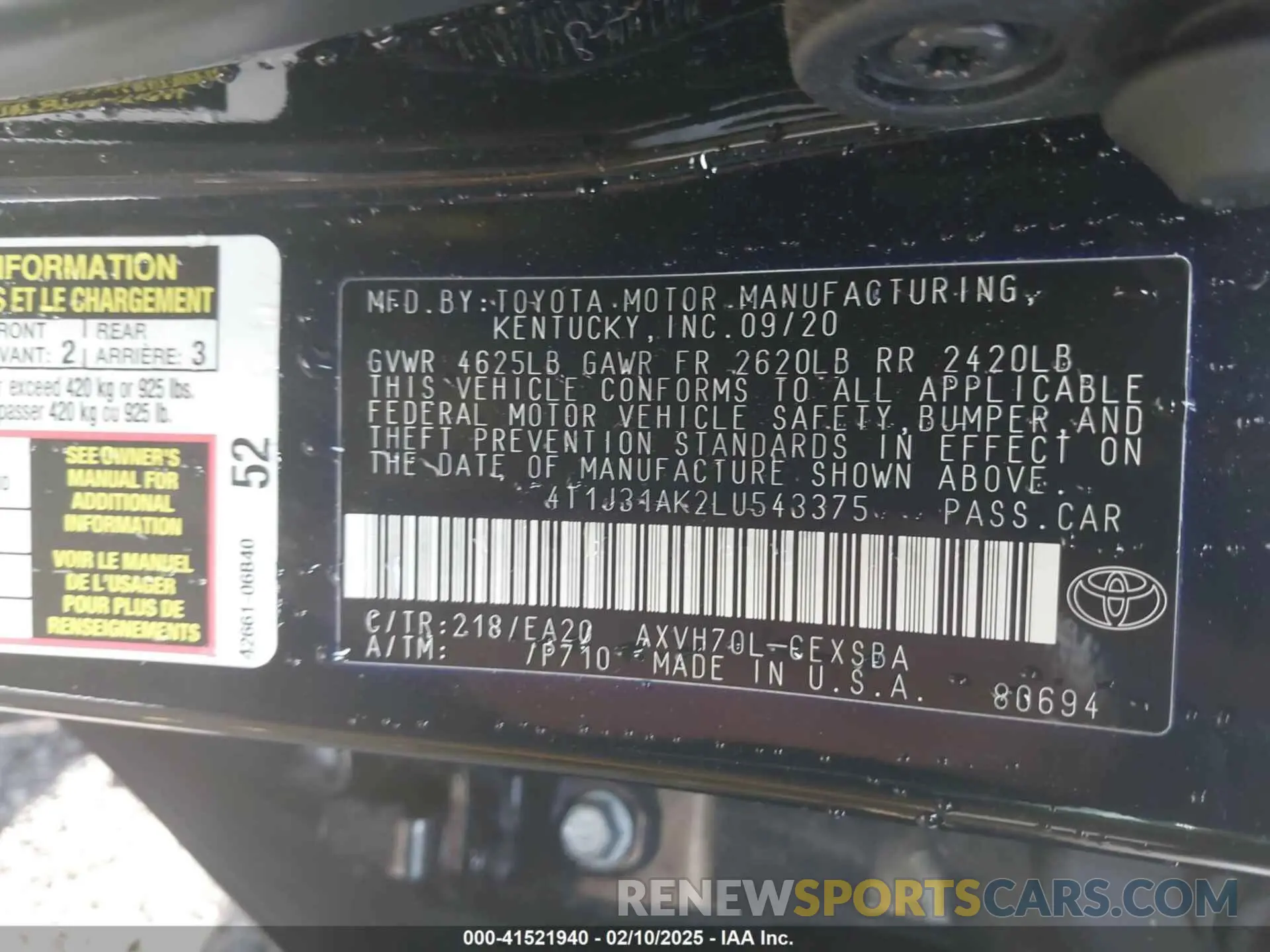 9 fotografías del automóvil dañado 4T1J31AK2LU543375 TOYOTA CAMRY 2020