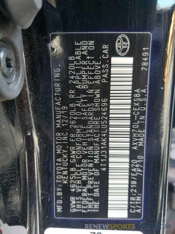 12 fotografías del automóvil dañado 4T1J31AK4LU524696 TOYOTA CAMRY 2020