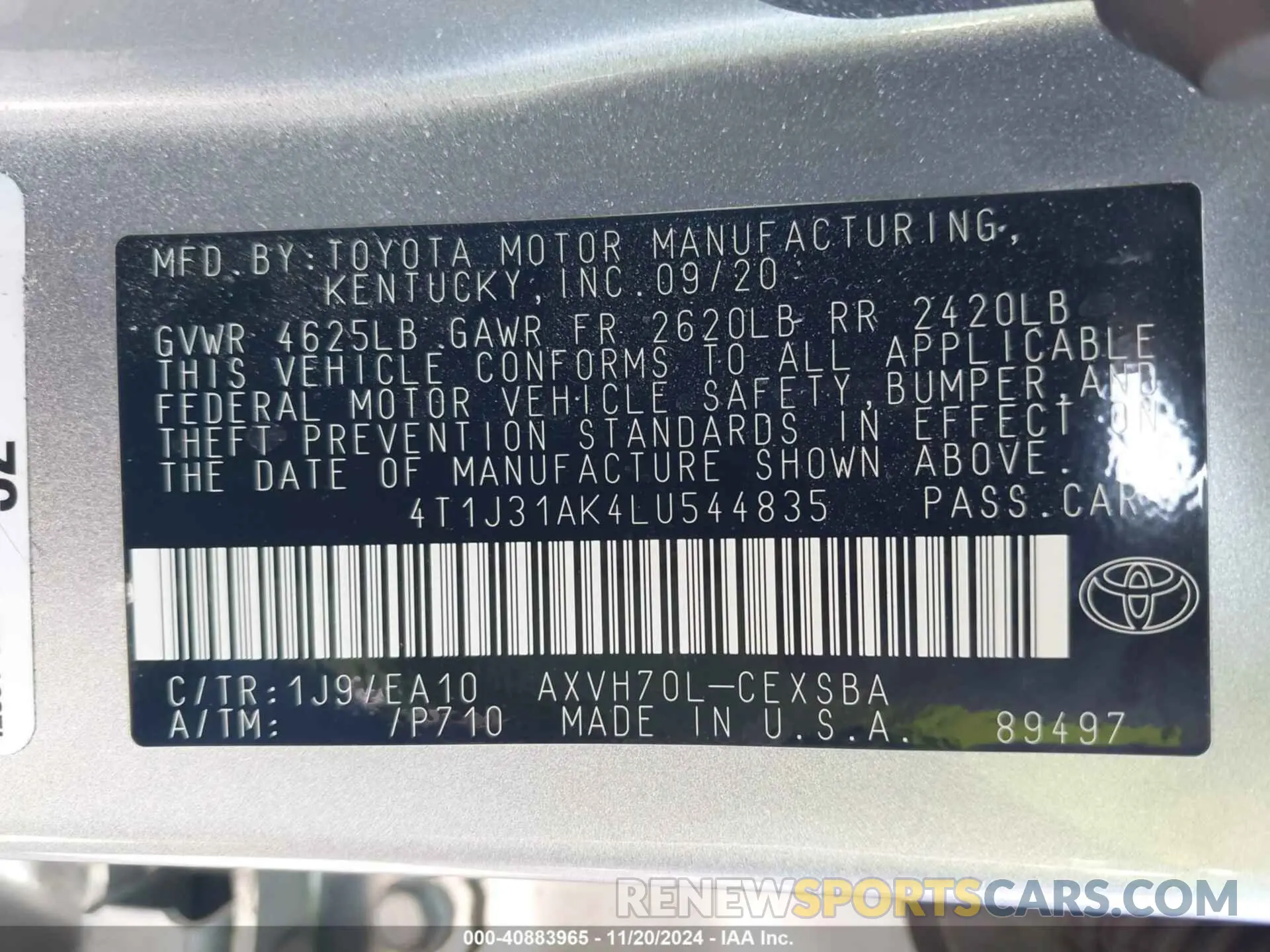 9 fotografías del automóvil dañado 4T1J31AK4LU544835 TOYOTA CAMRY 2020