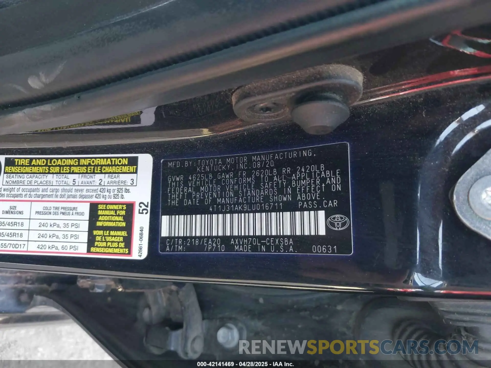 9 fotografías del automóvil dañado 4T1J31AK9LU016711 TOYOTA CAMRY 2020