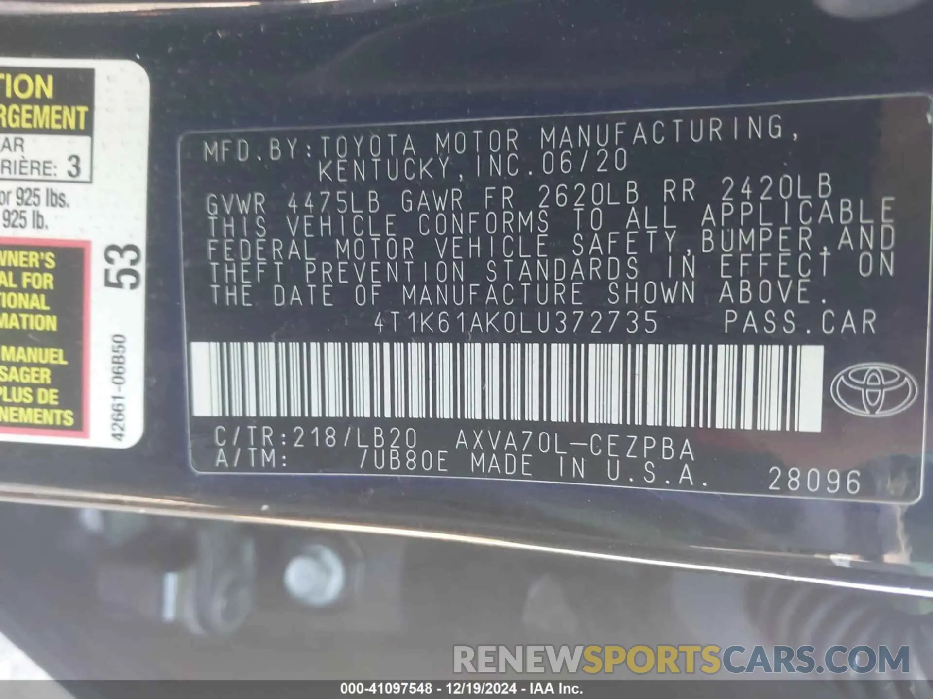 9 fotografías del automóvil dañado 4T1K61AK0LU372735 TOYOTA CAMRY 2020
