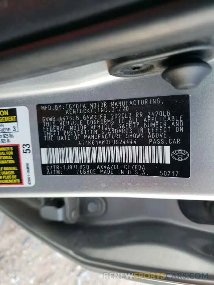 12 fotografías del automóvil dañado 4T1K61AK0LU924444 TOYOTA CAMRY 2020