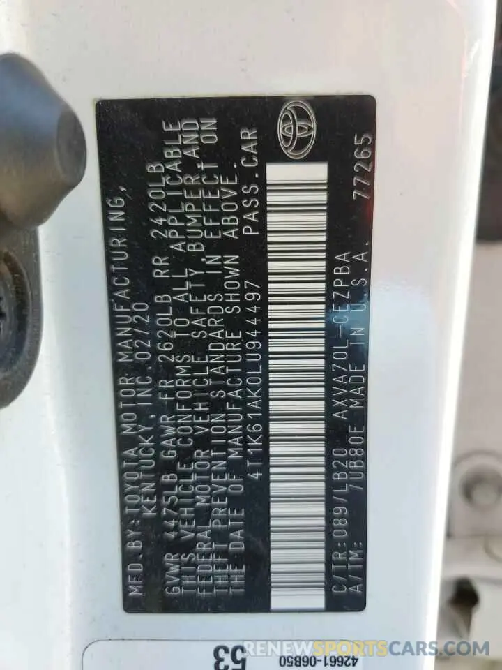 12 fotografías del automóvil dañado 4T1K61AK0LU944497 TOYOTA CAMRY 2020