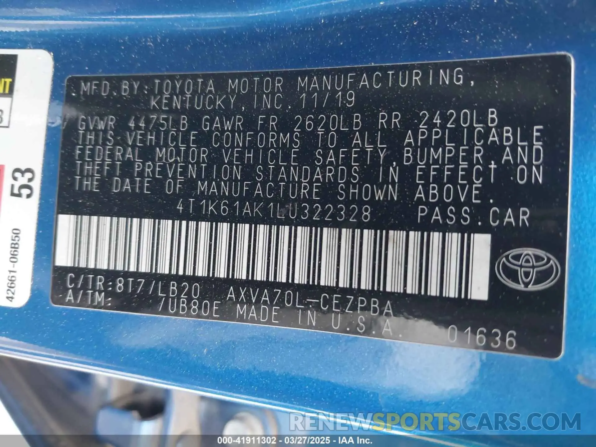 9 fotografías del automóvil dañado 4T1K61AK1LU322328 TOYOTA CAMRY 2020