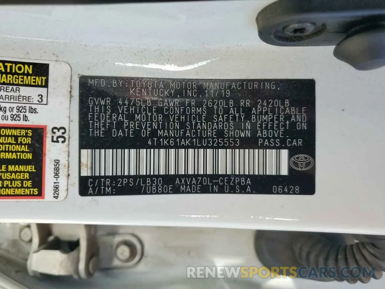 12 fotografías del automóvil dañado 4T1K61AK1LU325553 TOYOTA CAMRY 2020