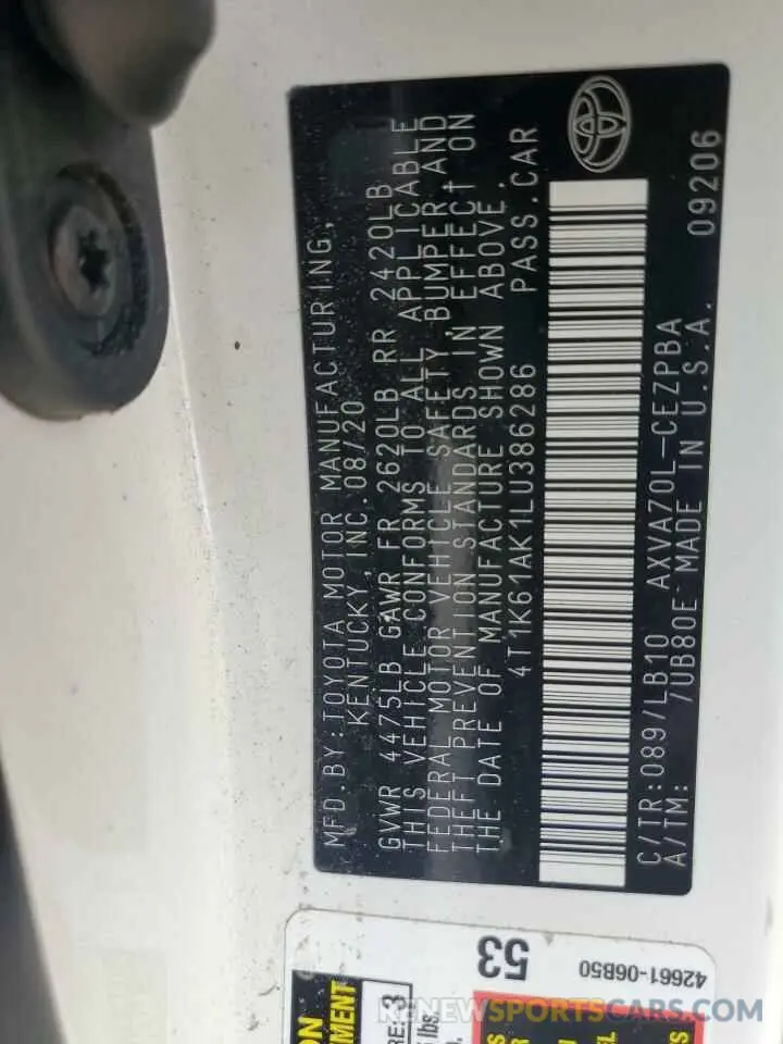 12 fotografías del automóvil dañado 4T1K61AK1LU386286 TOYOTA CAMRY 2020