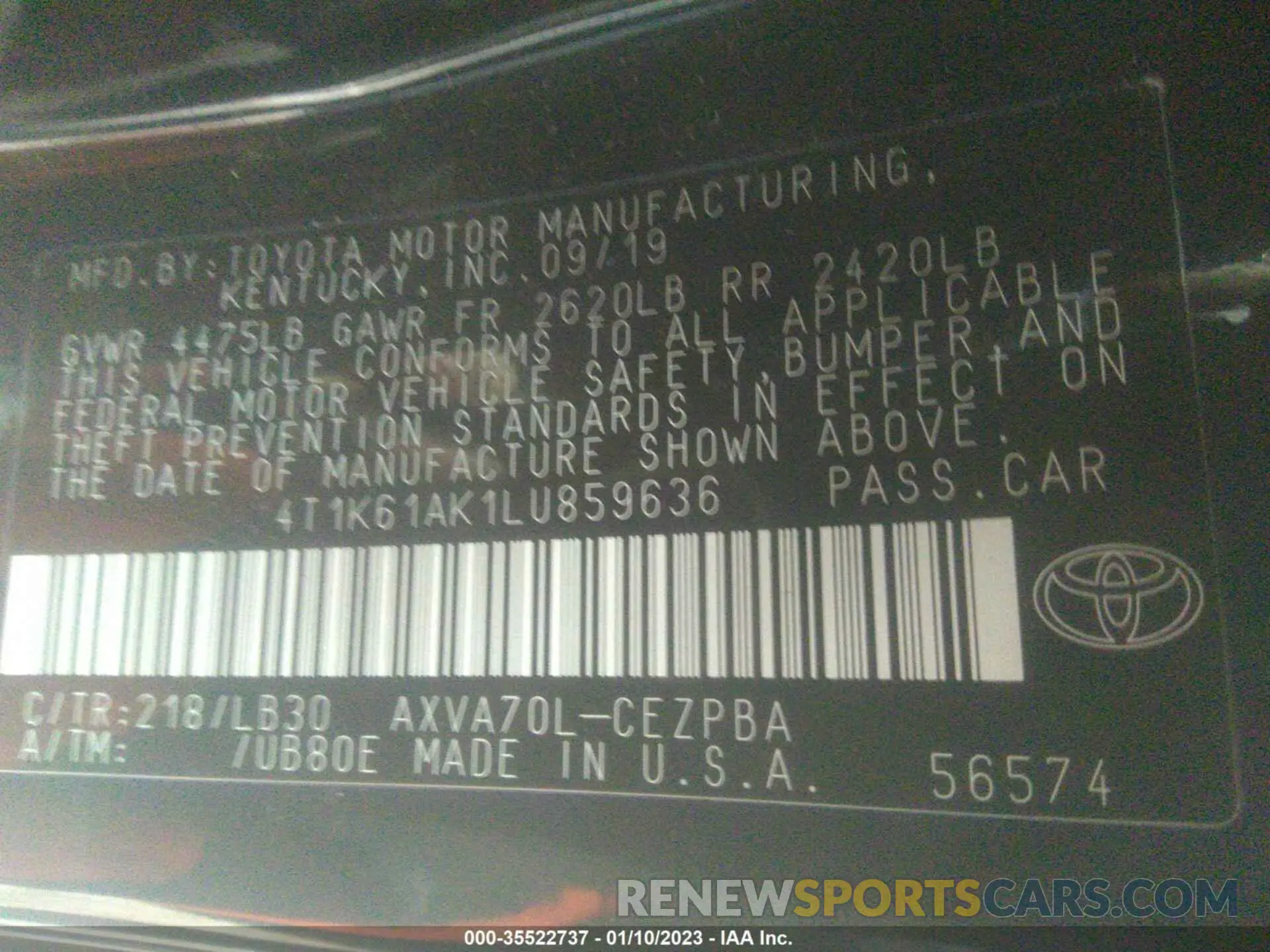9 fotografías del automóvil dañado 4T1K61AK1LU859636 TOYOTA CAMRY 2020