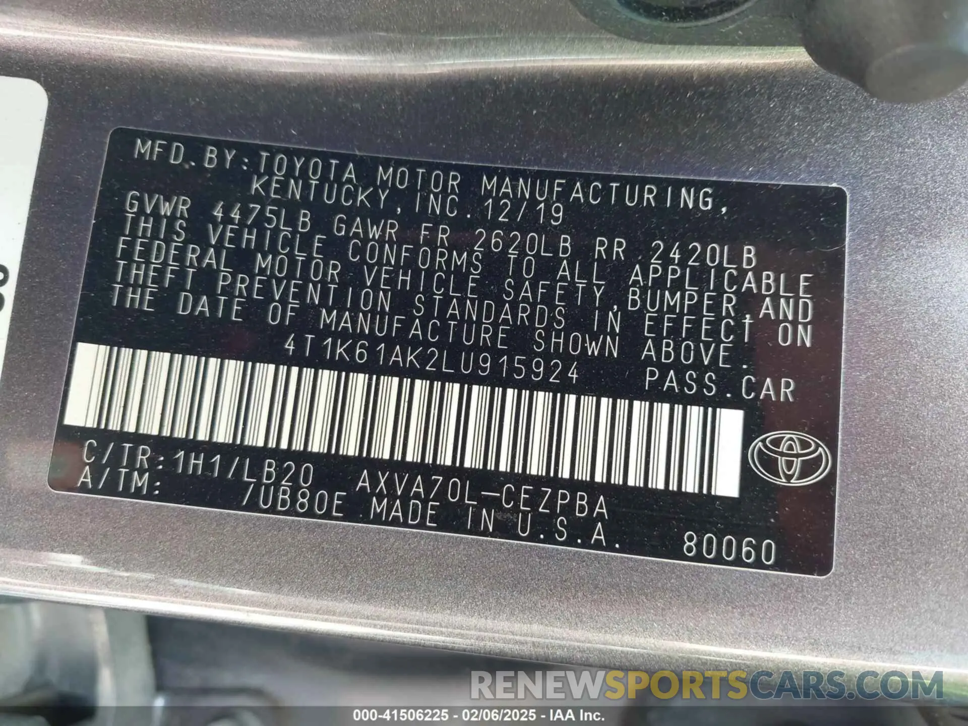 9 fotografías del automóvil dañado 4T1K61AK2LU915924 TOYOTA CAMRY 2020