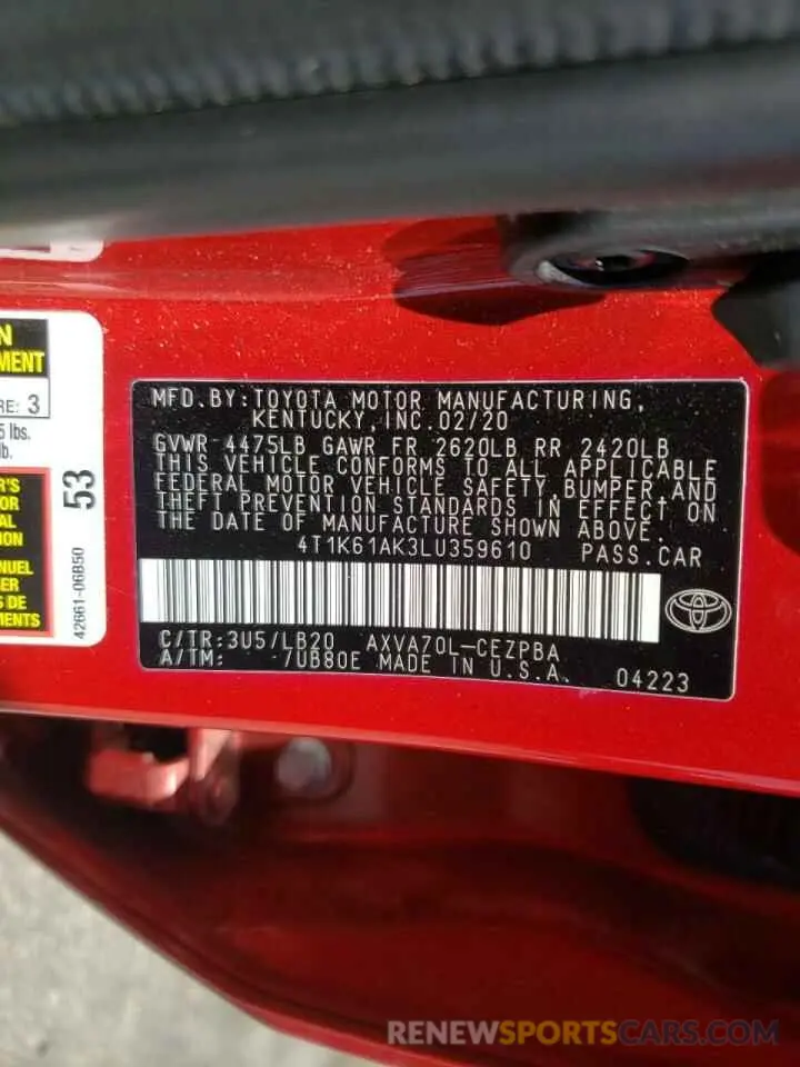 10 fotografías del automóvil dañado 4T1K61AK3LU359610 TOYOTA CAMRY 2020
