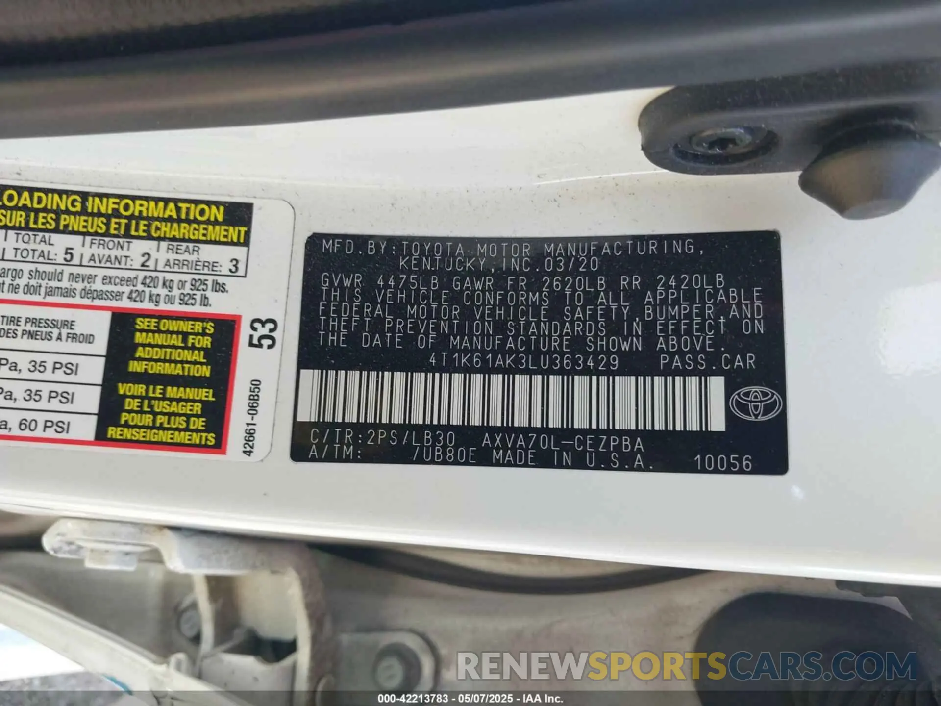 9 fotografías del automóvil dañado 4T1K61AK3LU363429 TOYOTA CAMRY 2020