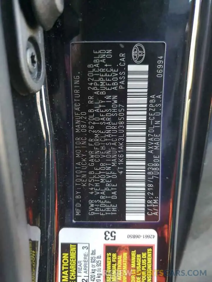 12 fotografías del automóvil dañado 4T1K61AK3LU385057 TOYOTA CAMRY 2020