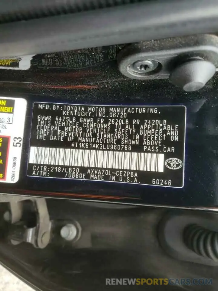 10 fotografías del automóvil dañado 4T1K61AK3LU960788 TOYOTA CAMRY 2020