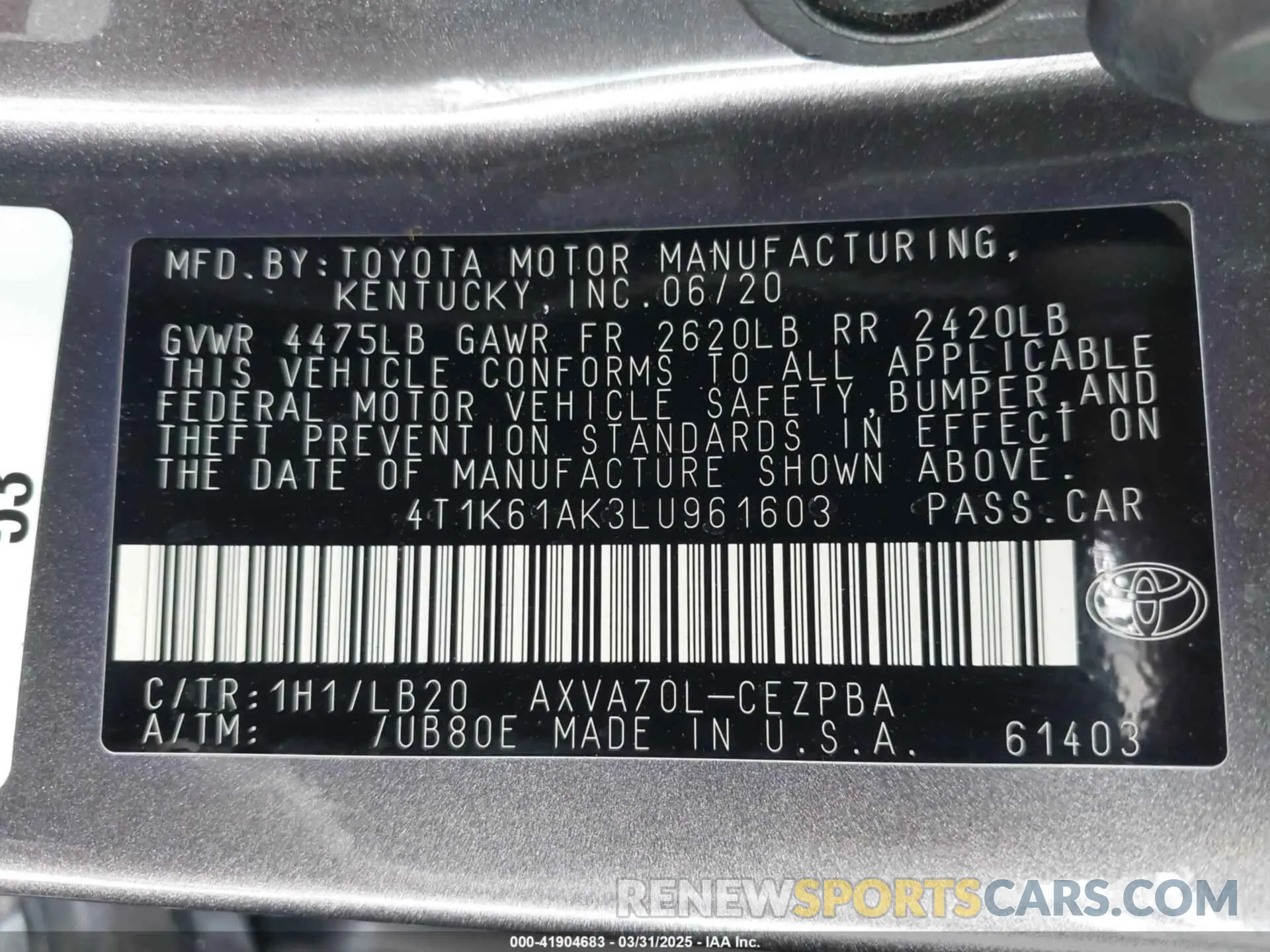 9 fotografías del automóvil dañado 4T1K61AK3LU961603 TOYOTA CAMRY 2020