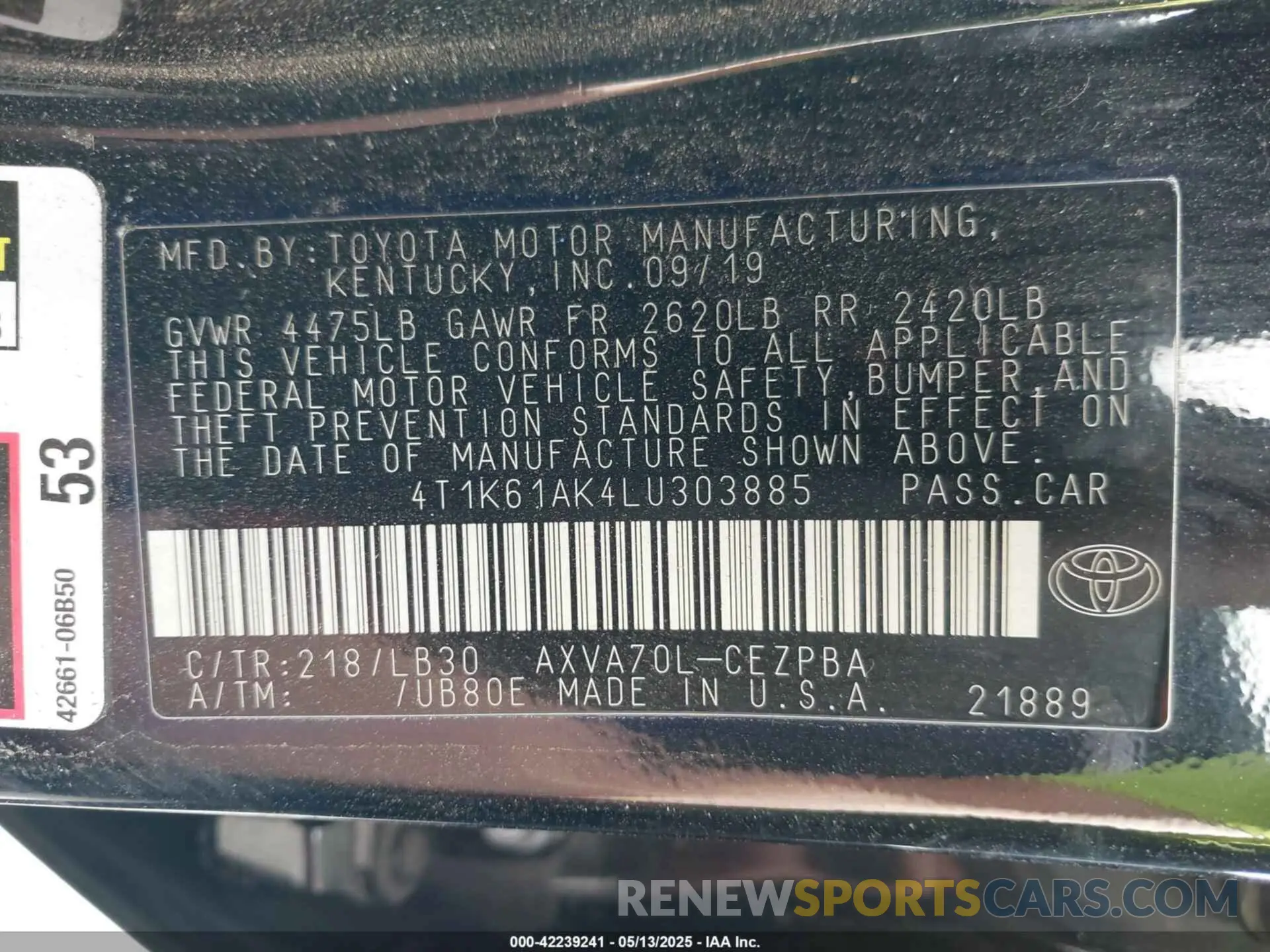 9 fotografías del automóvil dañado 4T1K61AK4LU303885 TOYOTA CAMRY 2020