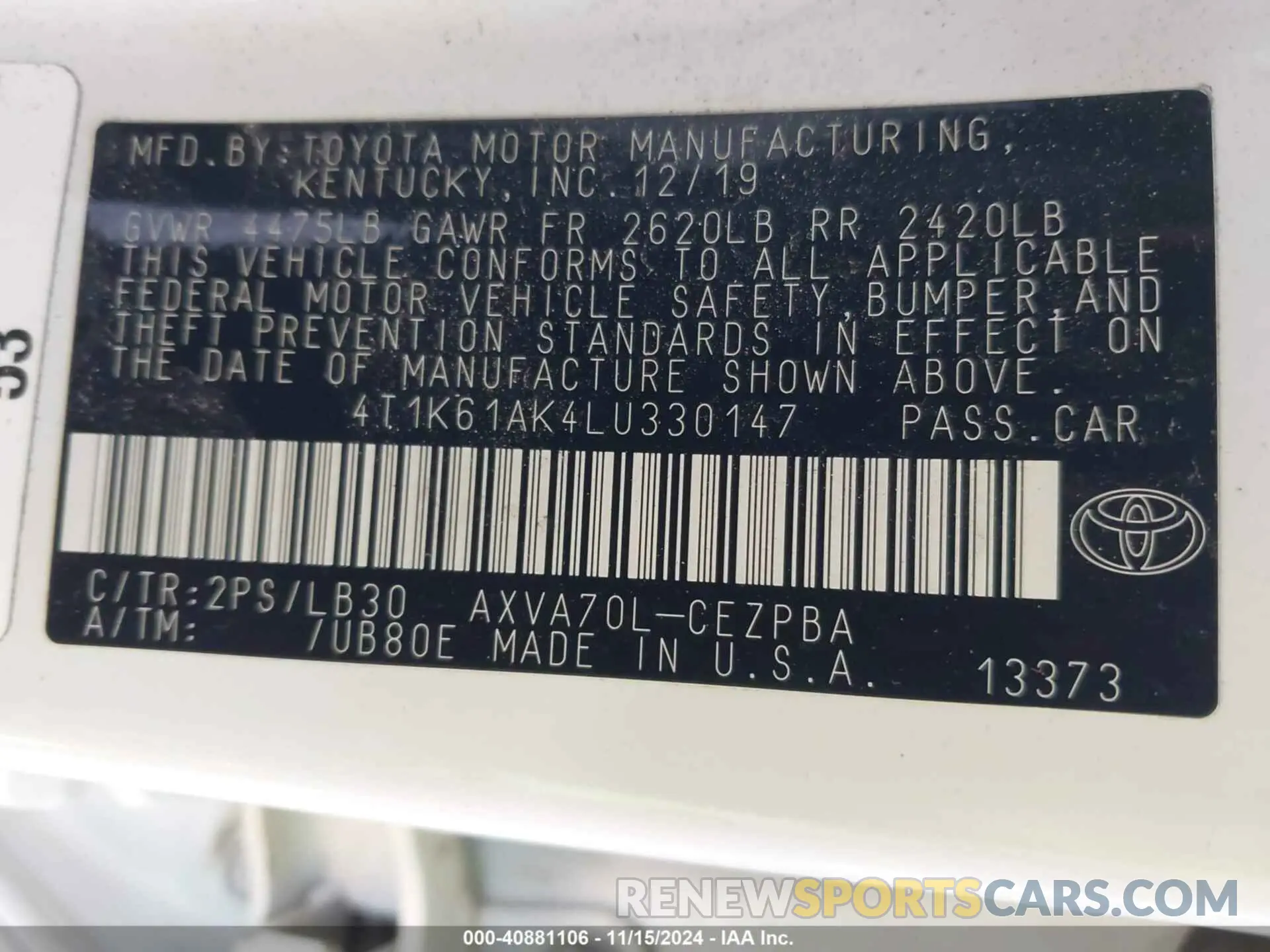9 fotografías del automóvil dañado 4T1K61AK4LU330147 TOYOTA CAMRY 2020