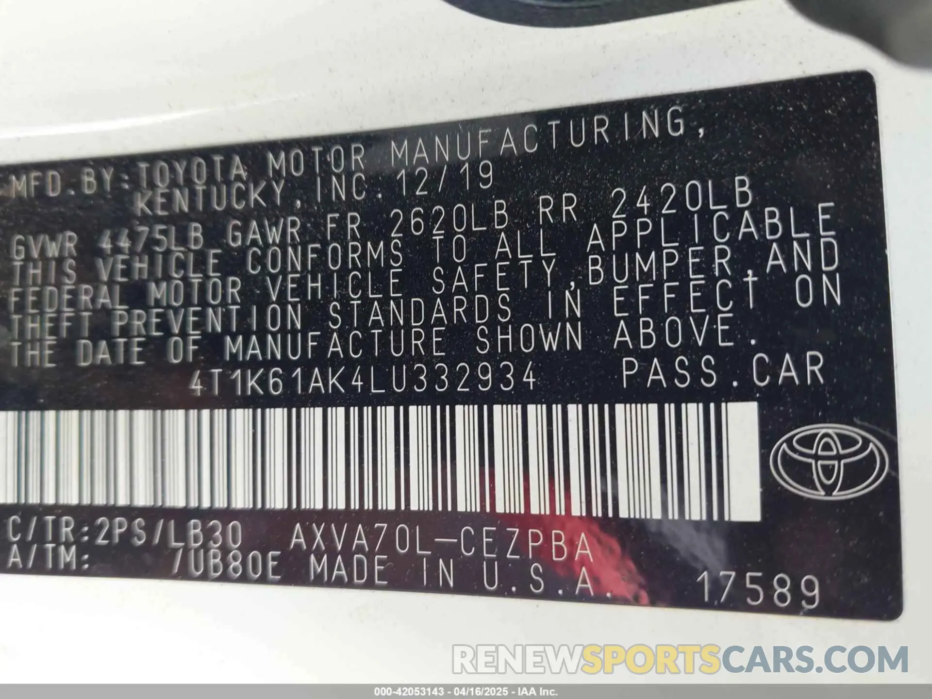 9 fotografías del automóvil dañado 4T1K61AK4LU332934 TOYOTA CAMRY 2020