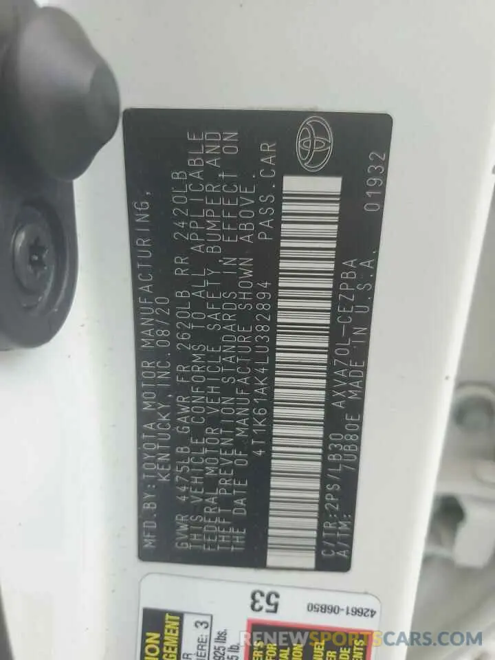 12 fotografías del automóvil dañado 4T1K61AK4LU382894 TOYOTA CAMRY 2020