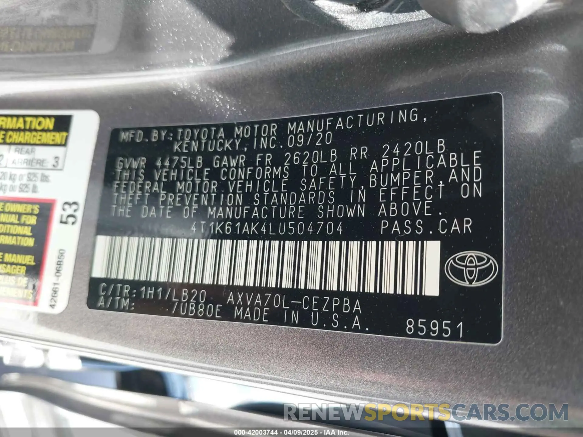 9 fotografías del automóvil dañado 4T1K61AK4LU504704 TOYOTA CAMRY 2020