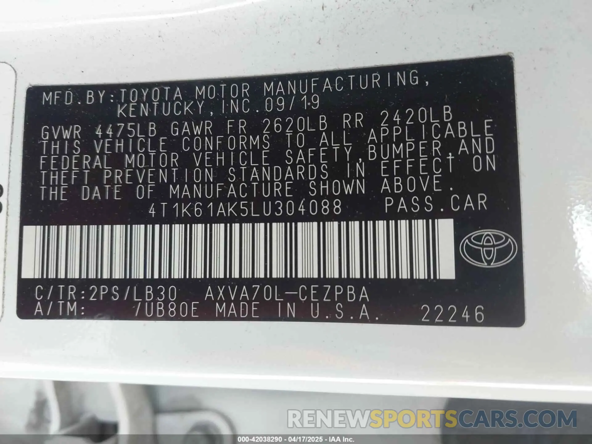 9 fotografías del automóvil dañado 4T1K61AK5LU304088 TOYOTA CAMRY 2020