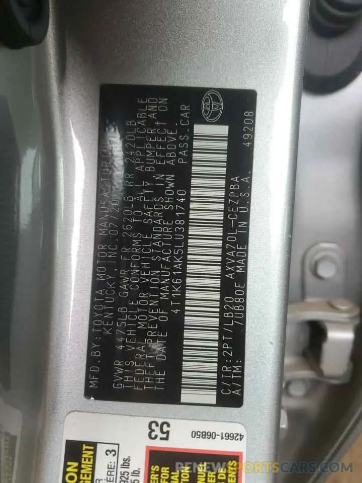 12 fotografías del automóvil dañado 4T1K61AK5LU381740 TOYOTA CAMRY 2020