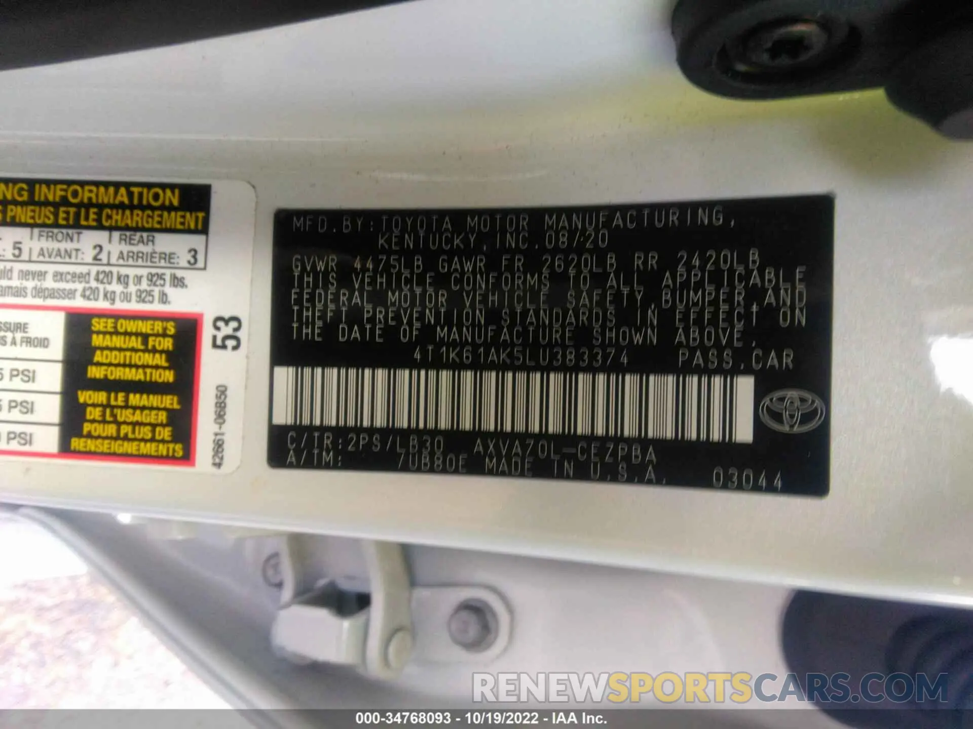 9 fotografías del automóvil dañado 4T1K61AK5LU383374 TOYOTA CAMRY 2020