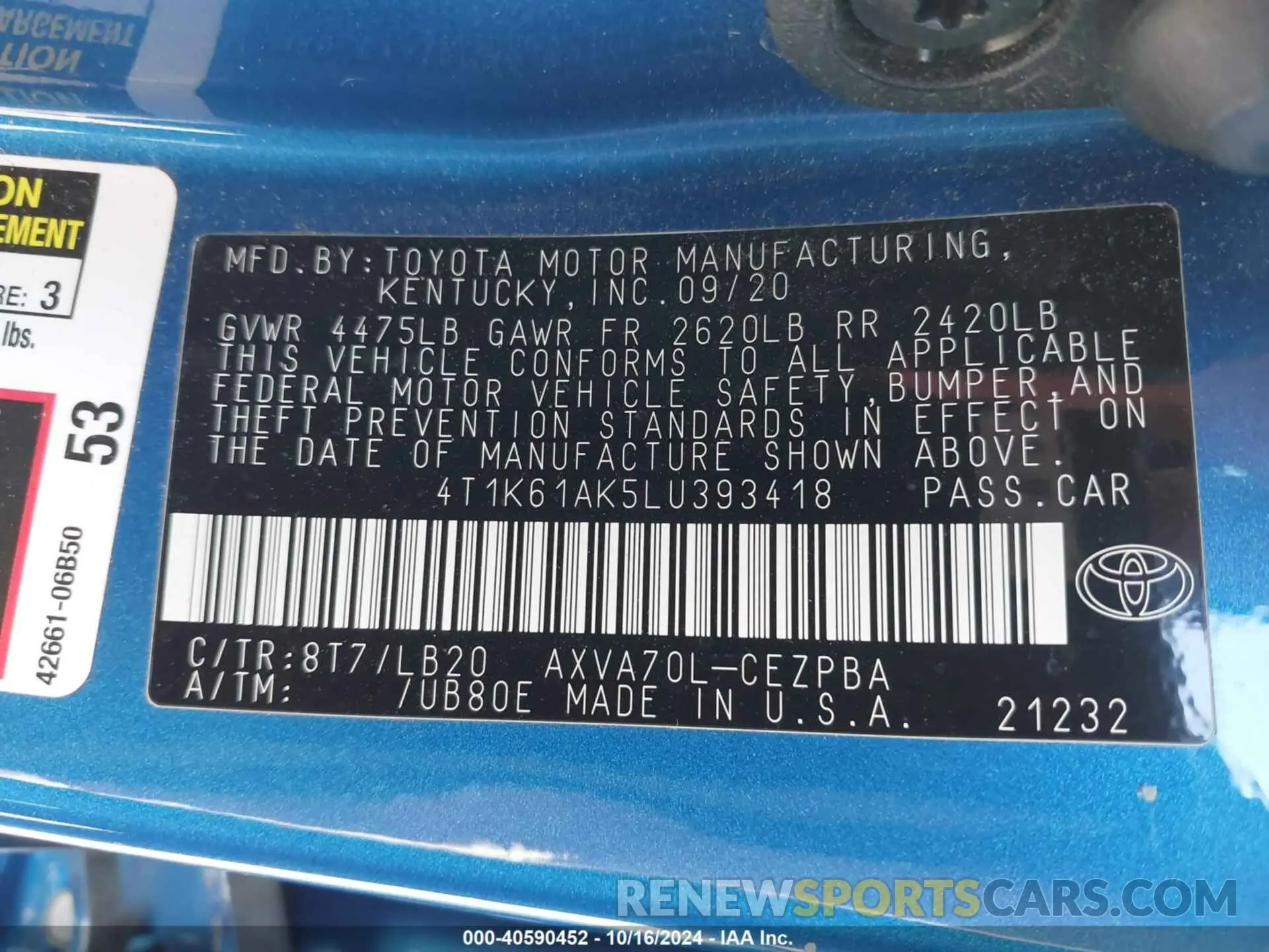 9 fotografías del automóvil dañado 4T1K61AK5LU393418 TOYOTA CAMRY 2020