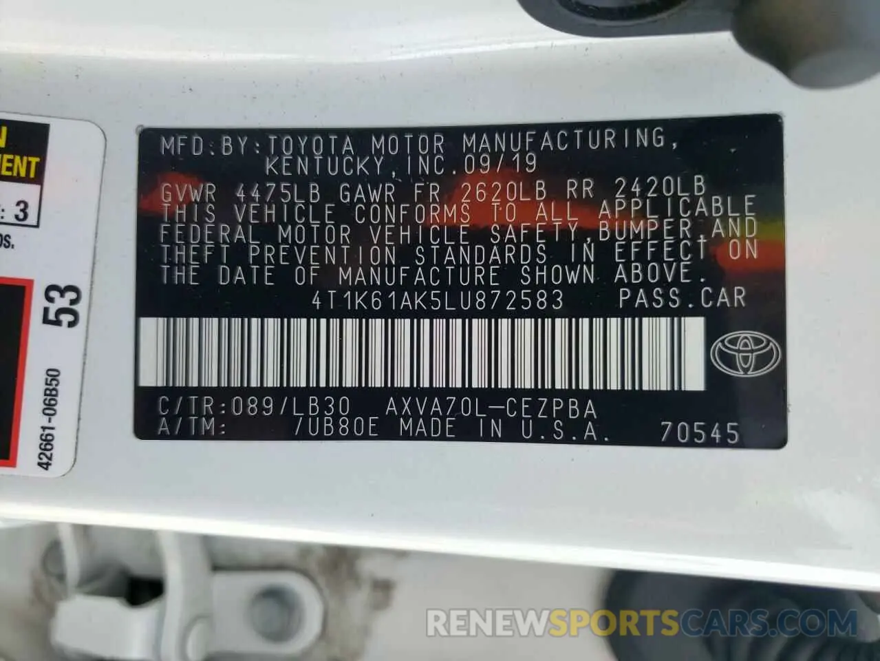10 fotografías del automóvil dañado 4T1K61AK5LU872583 TOYOTA CAMRY 2020