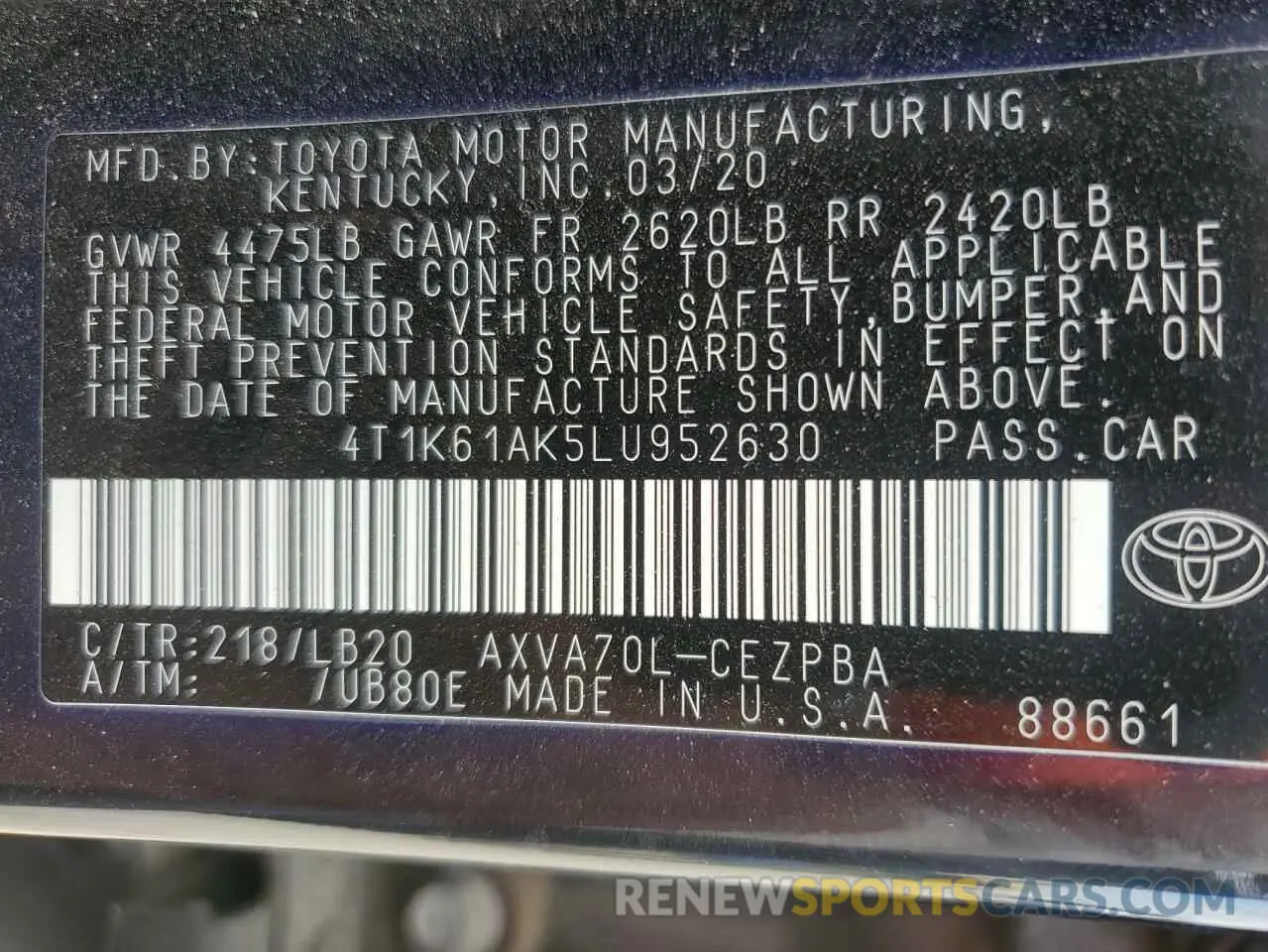 12 fotografías del automóvil dañado 4T1K61AK5LU952630 TOYOTA CAMRY 2020
