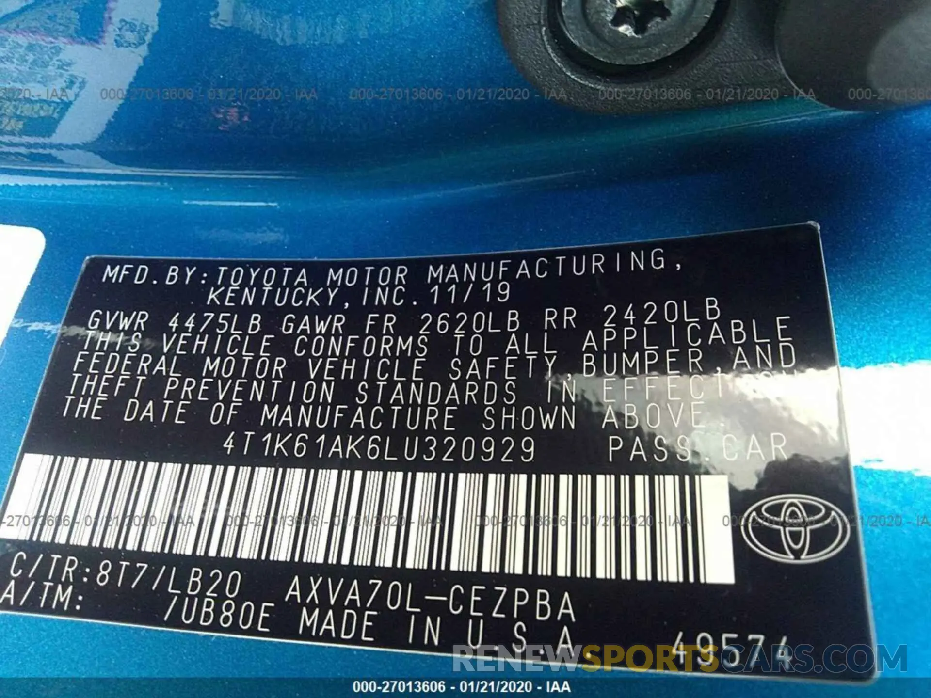 9 fotografías del automóvil dañado 4T1K61AK6LU320929 TOYOTA CAMRY 2020