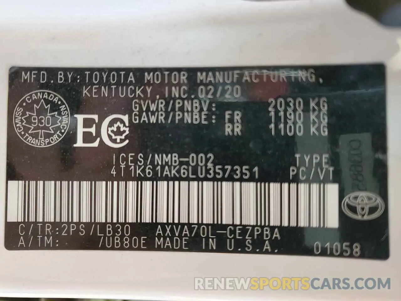 12 fotografías del automóvil dañado 4T1K61AK6LU357351 TOYOTA CAMRY 2020