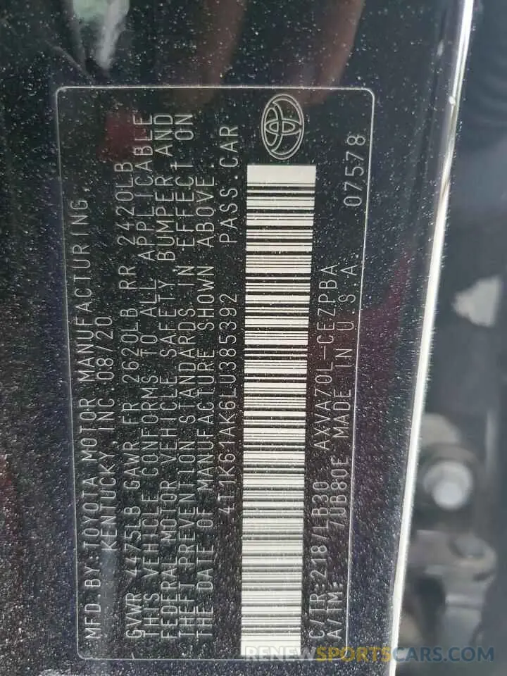 13 fotografías del automóvil dañado 4T1K61AK6LU385392 TOYOTA CAMRY 2020
