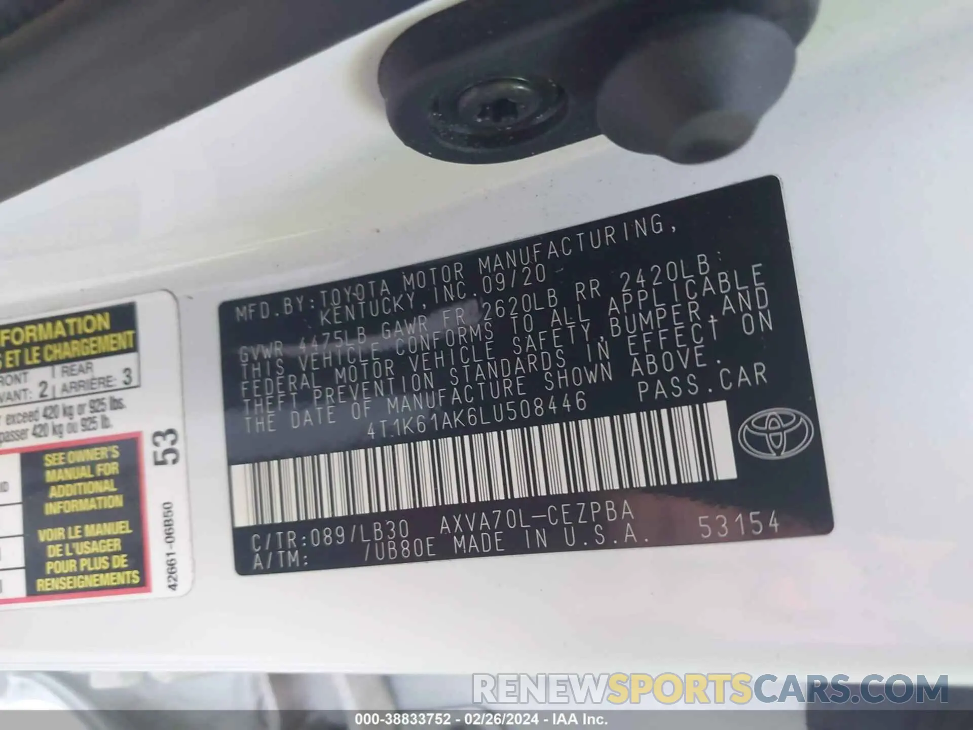 9 fotografías del automóvil dañado 4T1K61AK6LU508446 TOYOTA CAMRY 2020