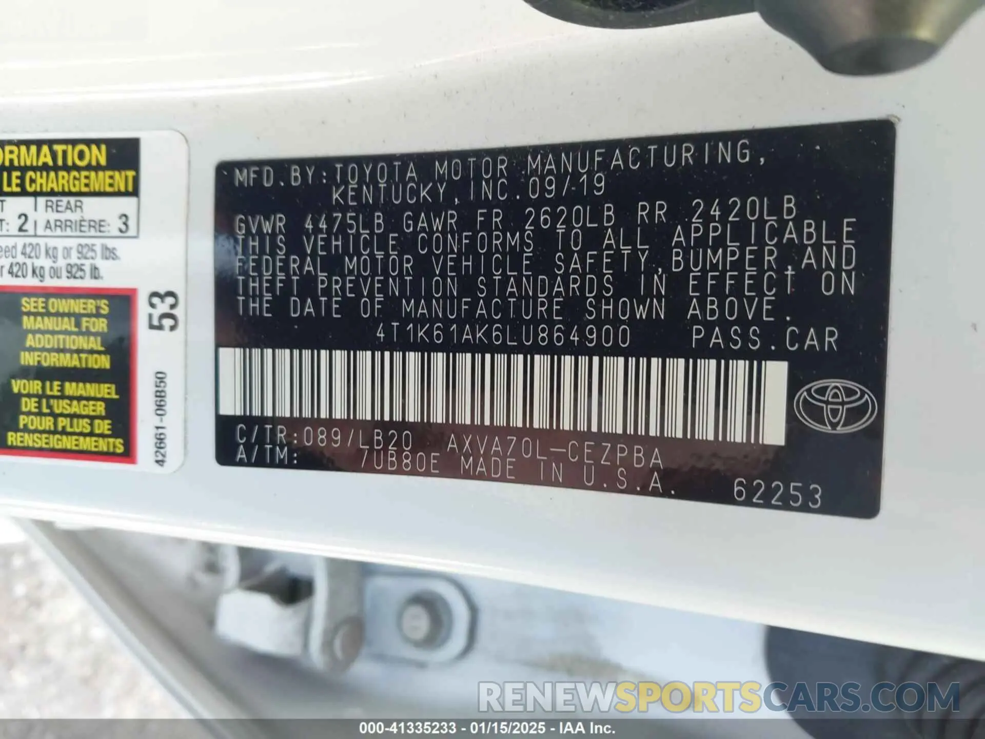 9 fotografías del automóvil dañado 4T1K61AK6LU864900 TOYOTA CAMRY 2020