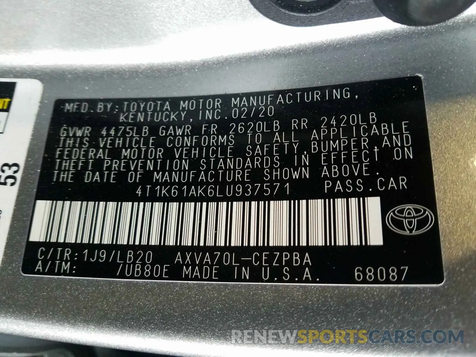 10 fotografías del automóvil dañado 4T1K61AK6LU937571 TOYOTA CAMRY 2020