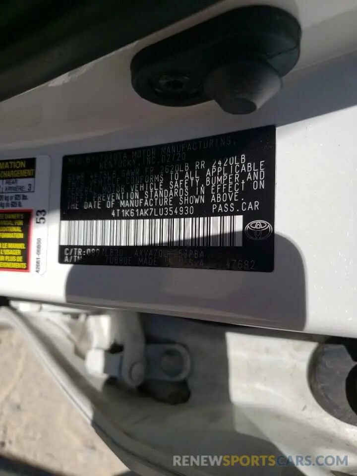 10 fotografías del automóvil dañado 4T1K61AK7LU354930 TOYOTA CAMRY 2020