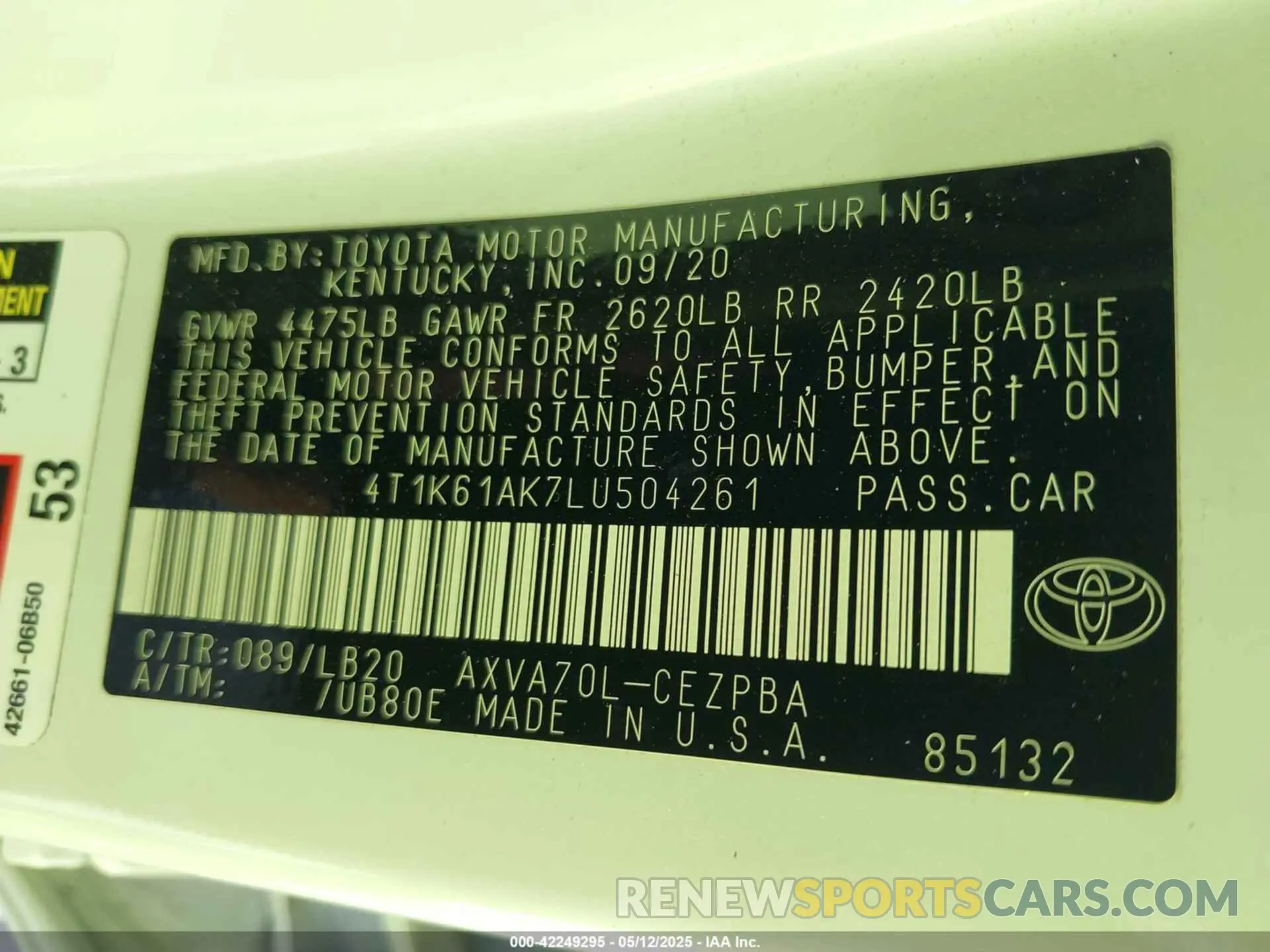 9 fotografías del automóvil dañado 4T1K61AK7LU504261 TOYOTA CAMRY 2020
