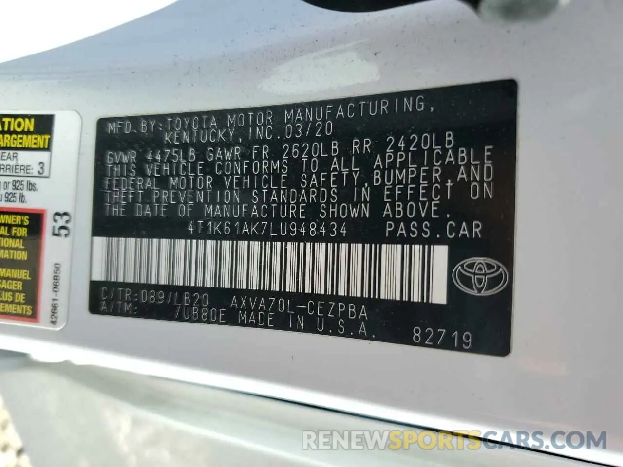 13 fotografías del automóvil dañado 4T1K61AK7LU948434 TOYOTA CAMRY 2020