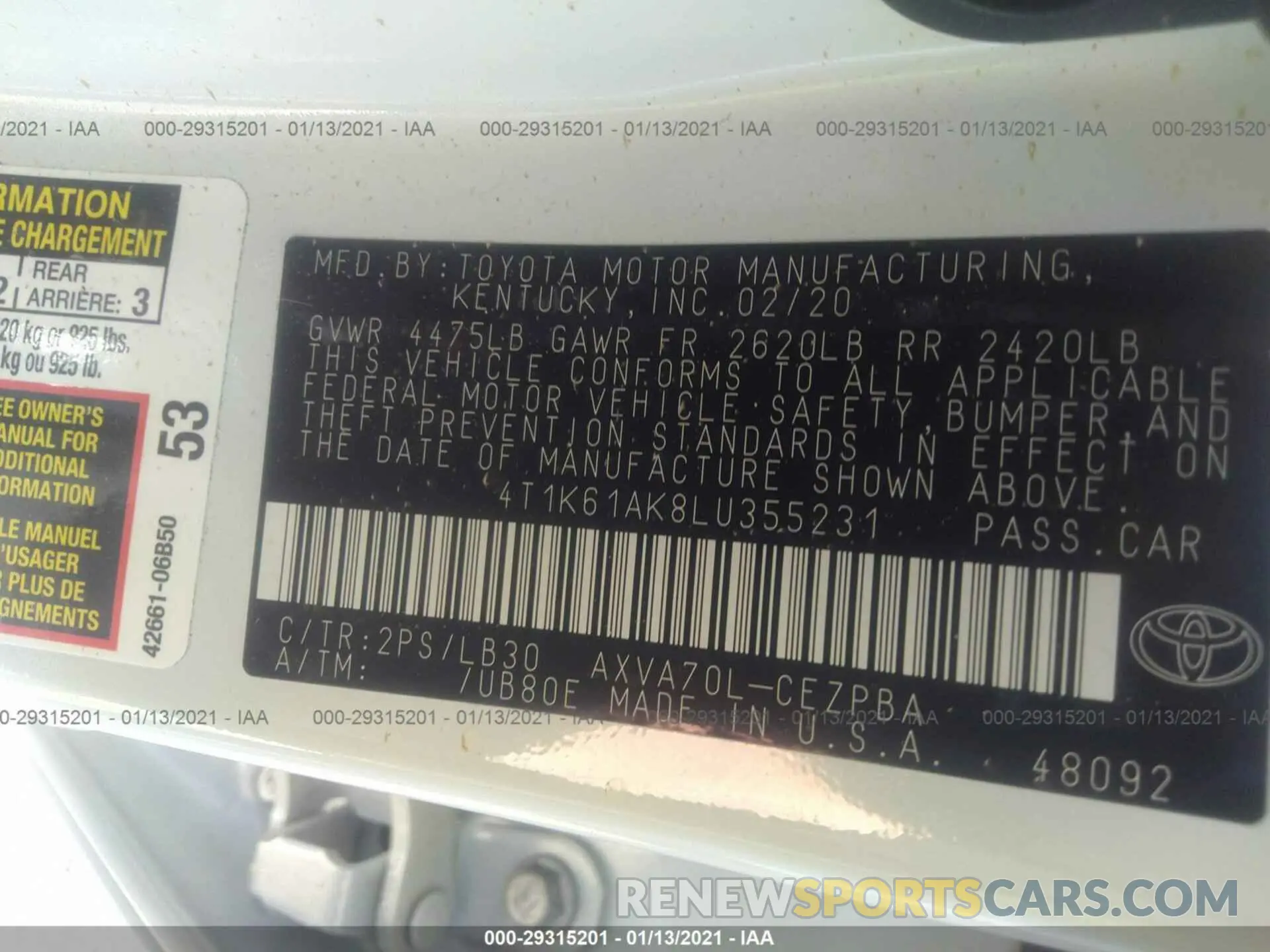9 fotografías del automóvil dañado 4T1K61AK8LU355231 TOYOTA CAMRY 2020