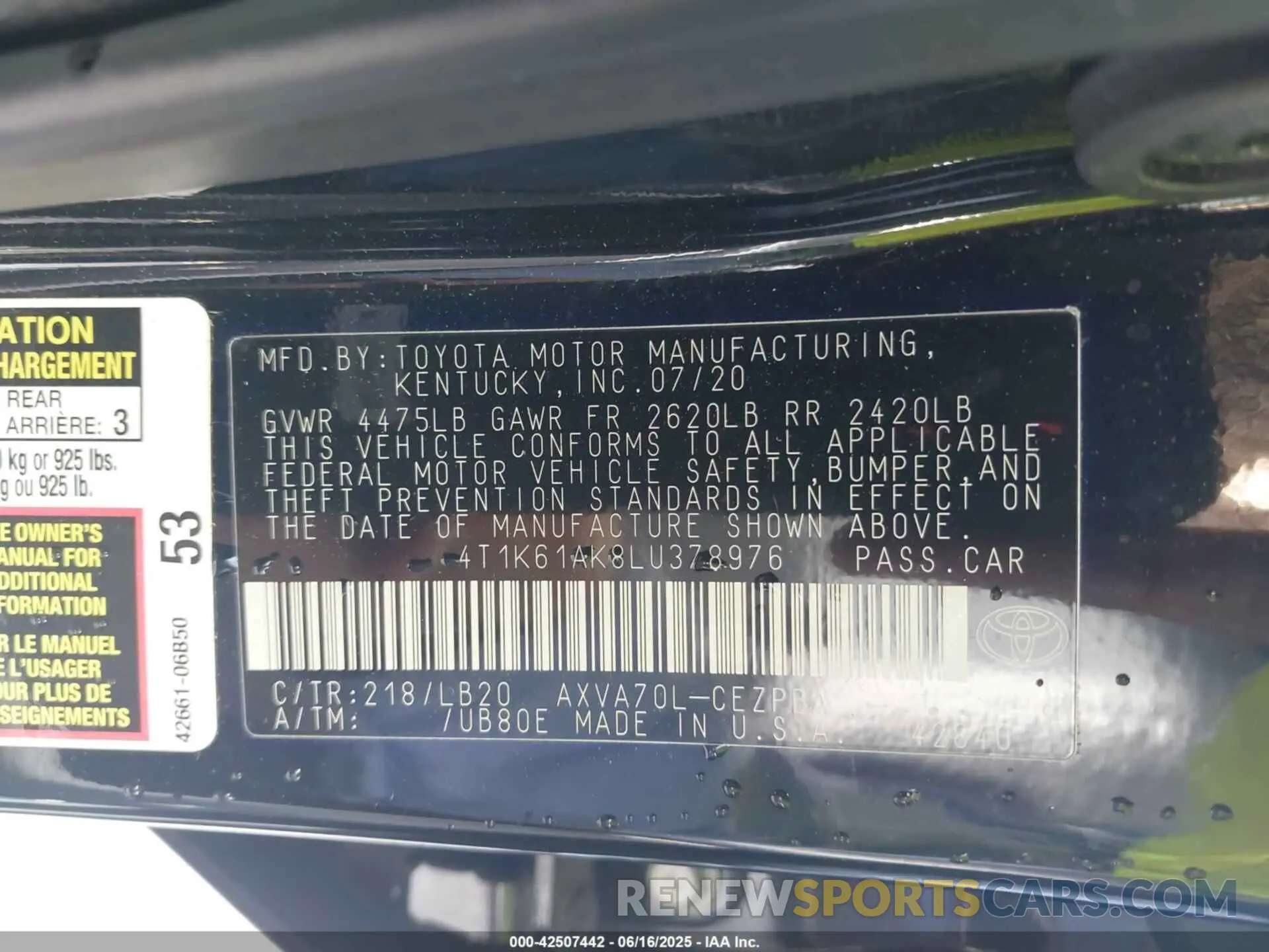 9 fotografías del automóvil dañado 4T1K61AK8LU378976 TOYOTA CAMRY 2020