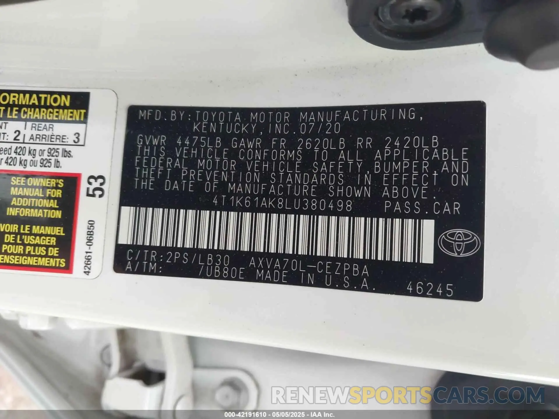 9 fotografías del automóvil dañado 4T1K61AK8LU380498 TOYOTA CAMRY 2020