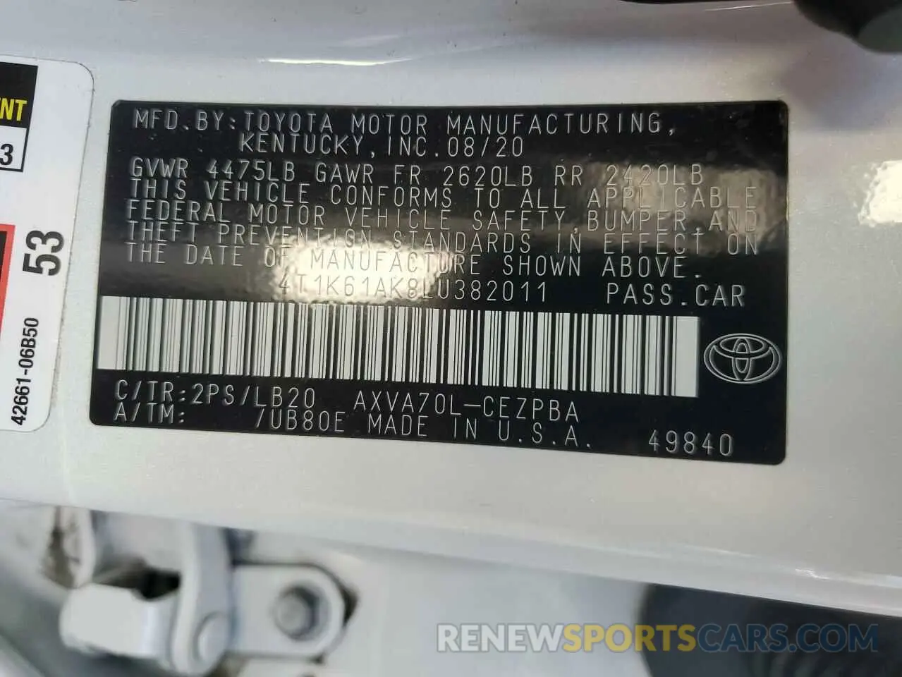12 fotografías del automóvil dañado 4T1K61AK8LU382011 TOYOTA CAMRY 2020