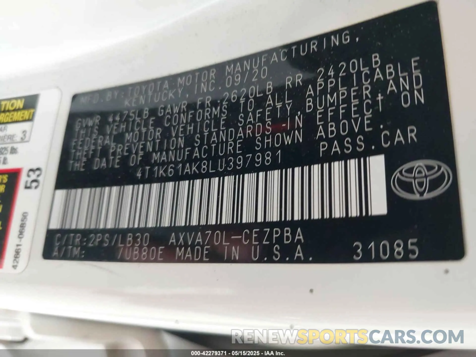 9 fotografías del automóvil dañado 4T1K61AK8LU397981 TOYOTA CAMRY 2020