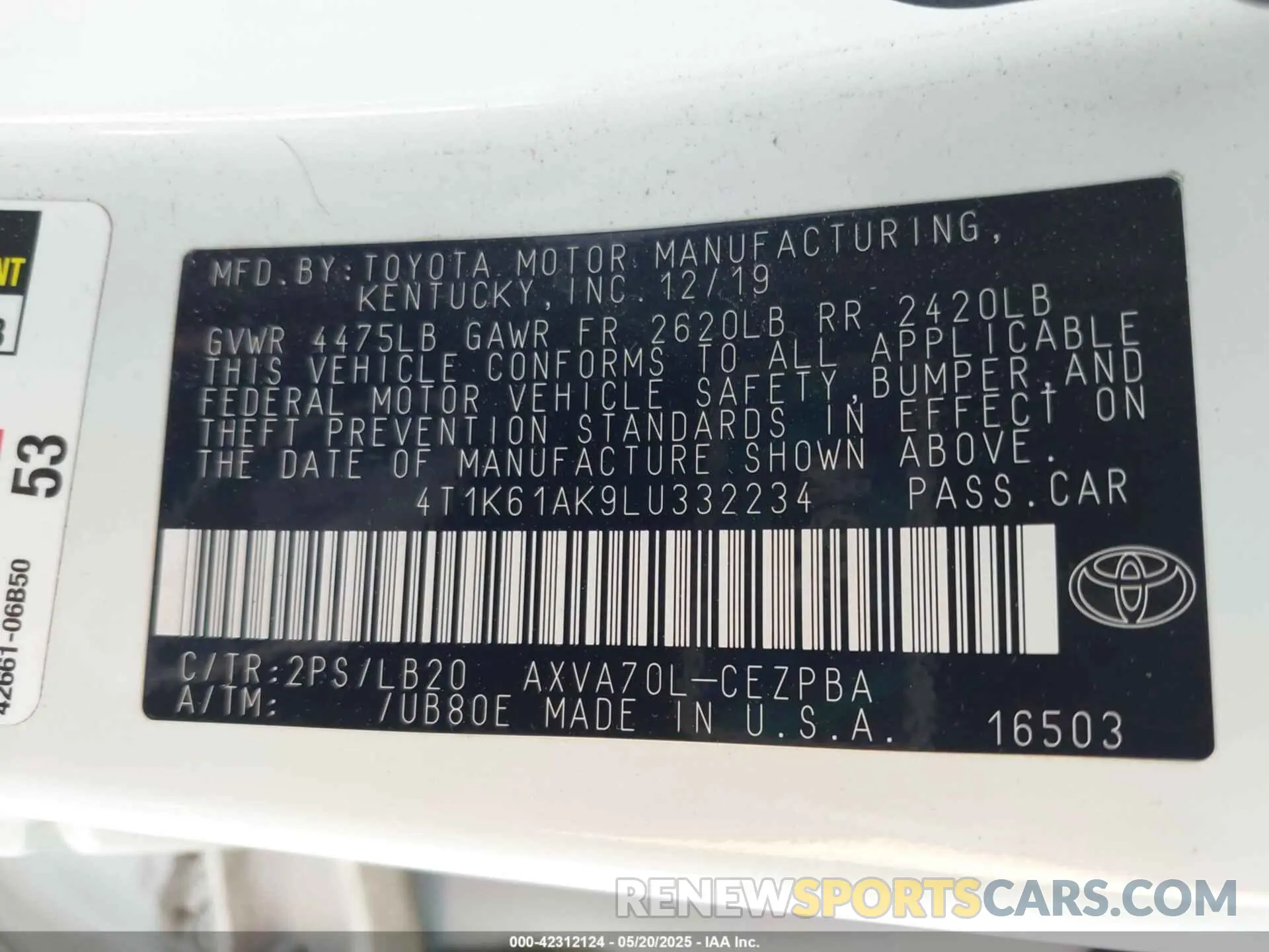 9 fotografías del automóvil dañado 4T1K61AK9LU332234 TOYOTA CAMRY 2020