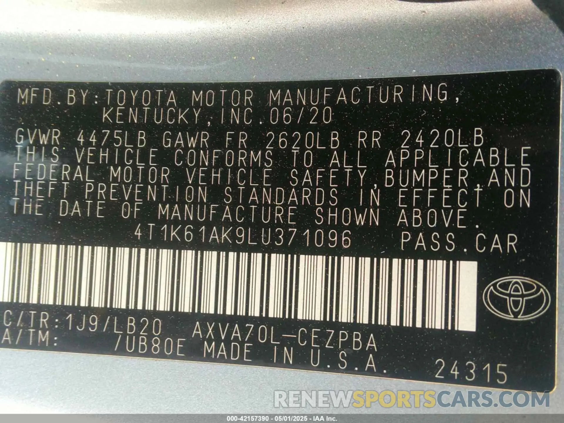 9 fotografías del automóvil dañado 4T1K61AK9LU371096 TOYOTA CAMRY 2020