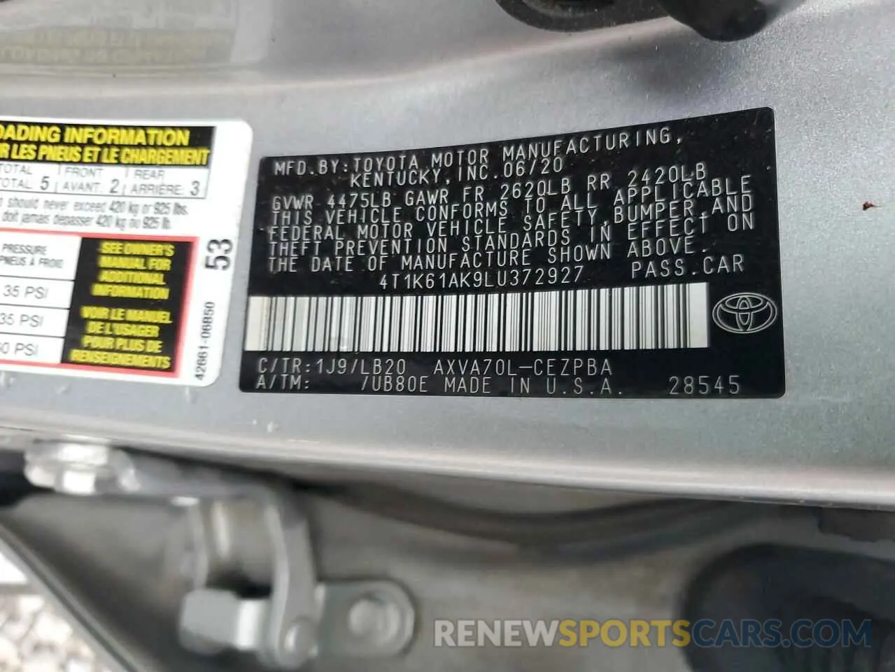 12 fotografías del automóvil dañado 4T1K61AK9LU372927 TOYOTA CAMRY 2020