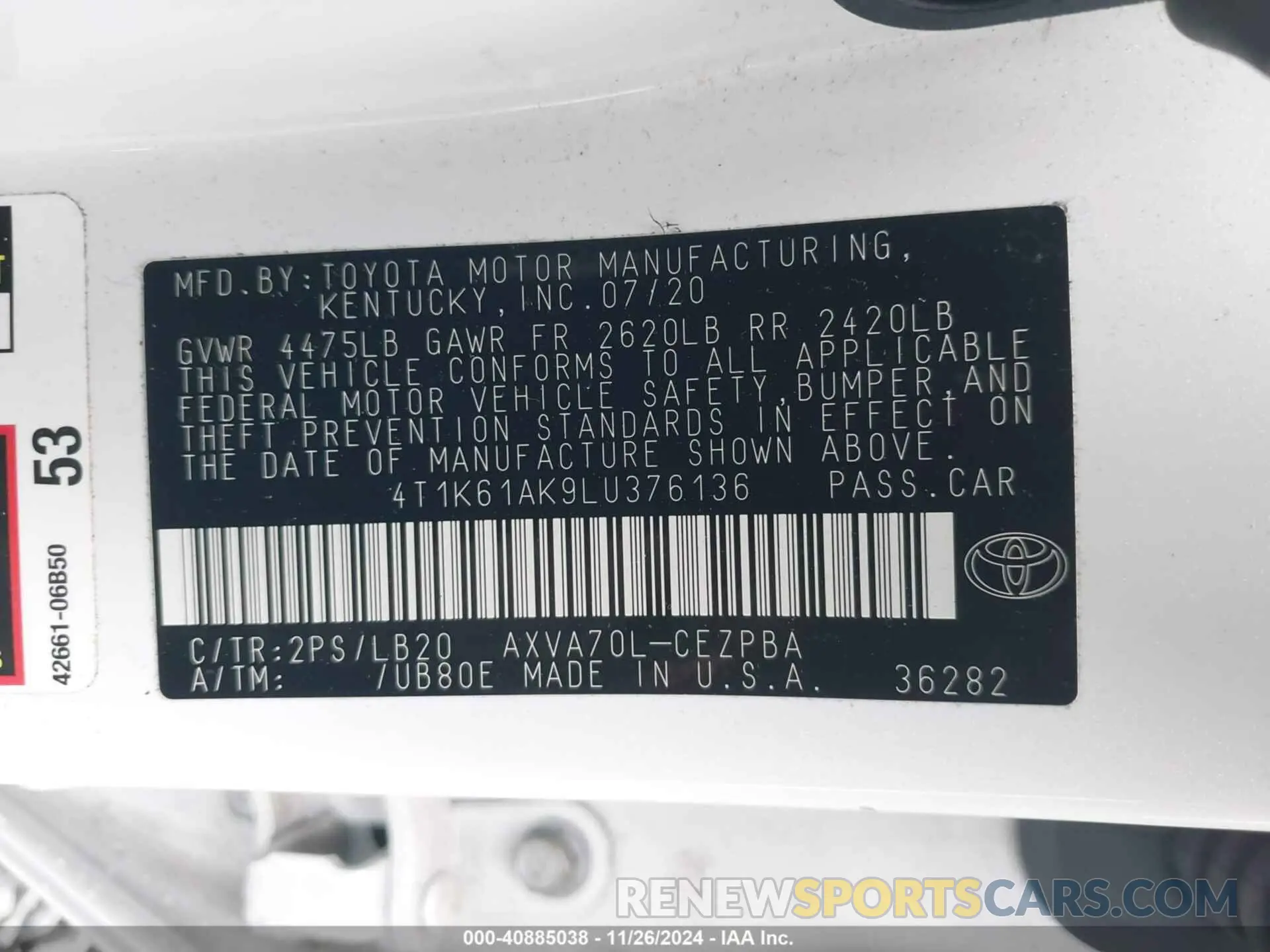 9 fotografías del automóvil dañado 4T1K61AK9LU376136 TOYOTA CAMRY 2020