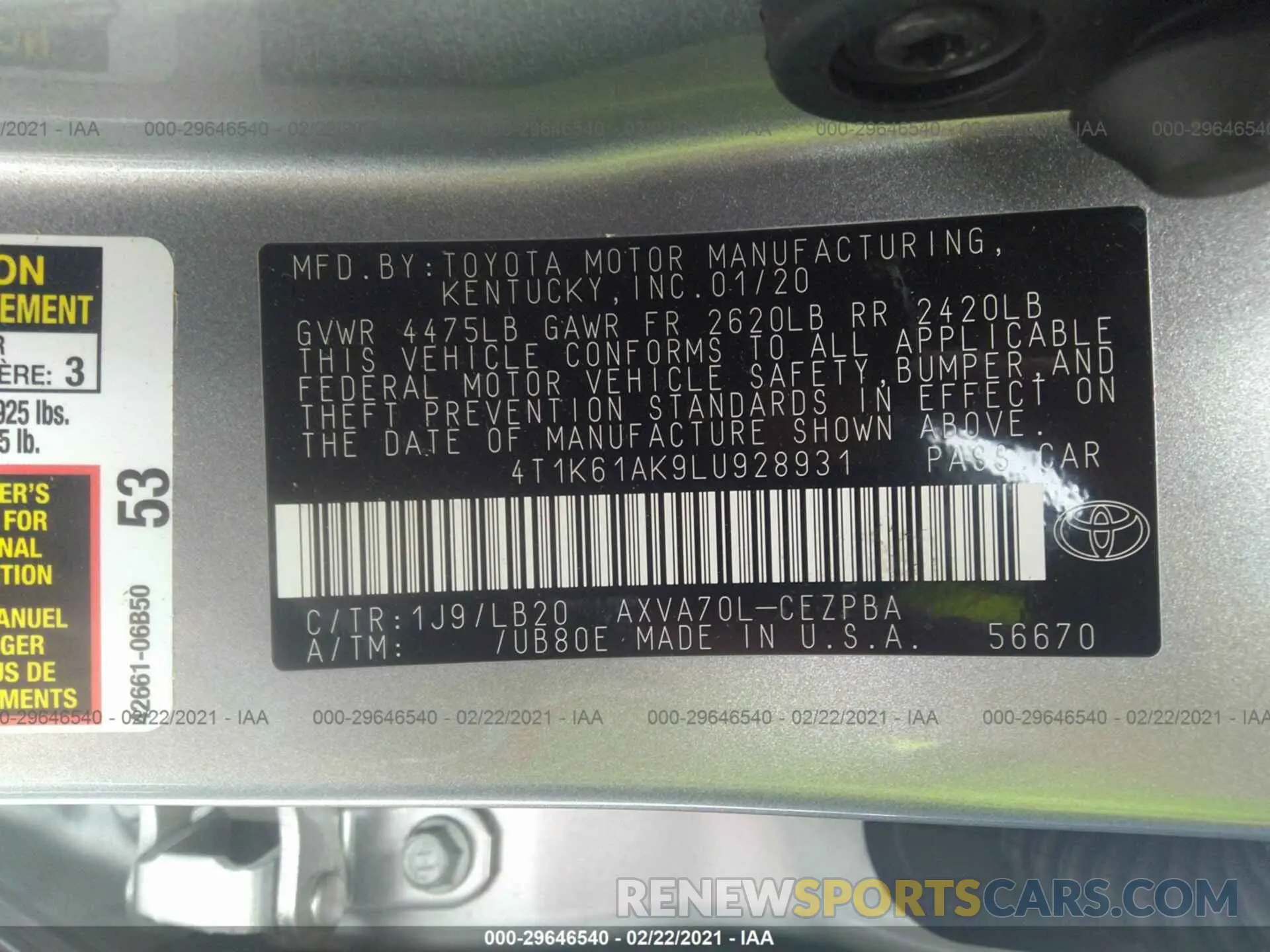 9 fotografías del automóvil dañado 4T1K61AK9LU928931 TOYOTA CAMRY 2020