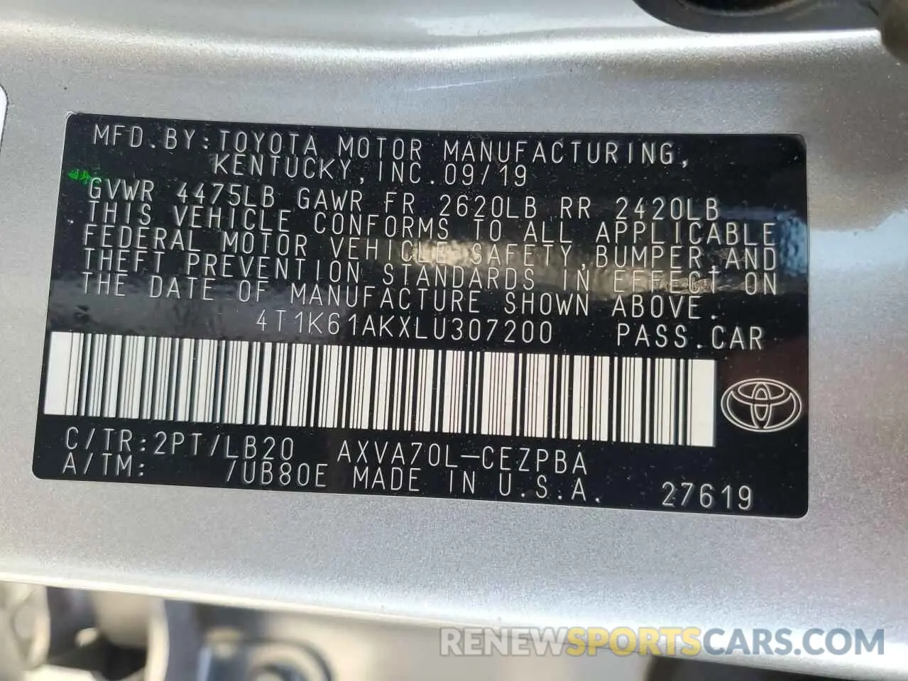 12 fotografías del automóvil dañado 4T1K61AKXLU307200 TOYOTA CAMRY 2020